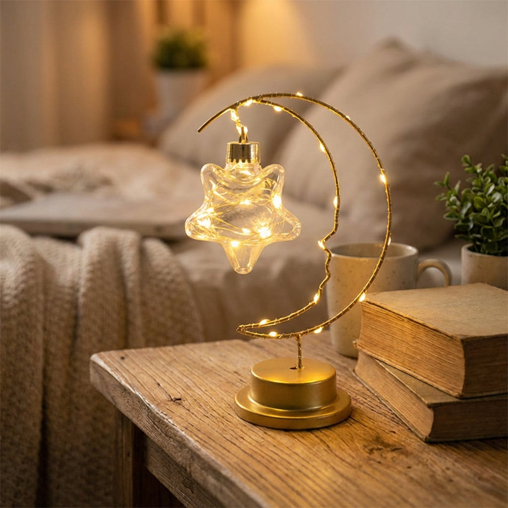 Lámpara de mesa regulable con silueta de luna curva y estrella de vidrio colgante