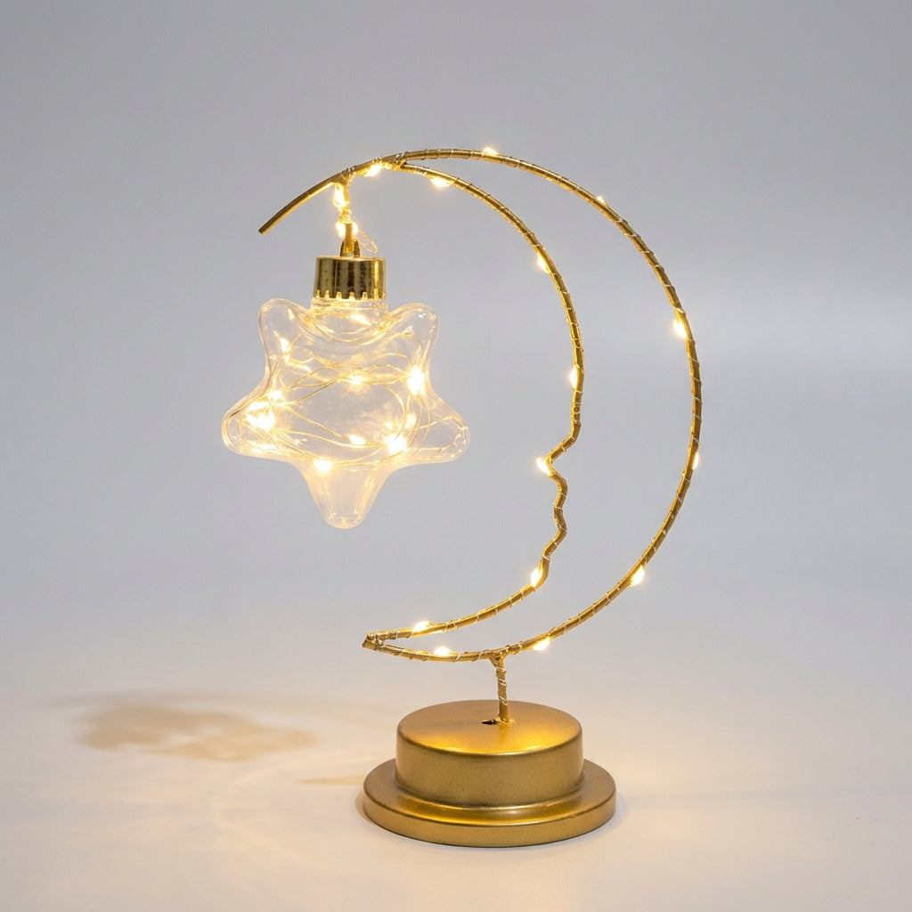 Lámpara de mesa regulable con silueta de luna curva y estrella de vidrio colgante