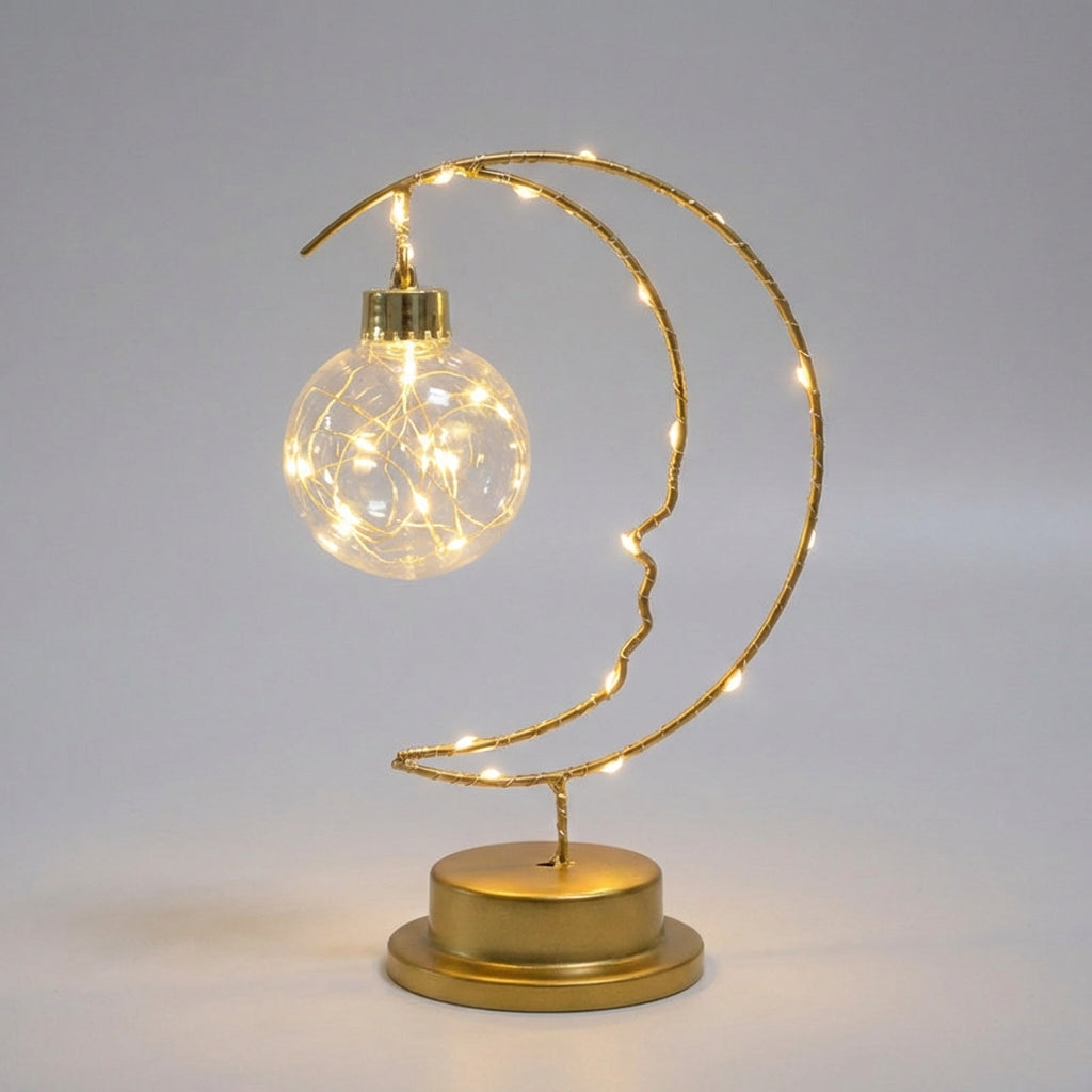 Lámpara de mesa regulable con silueta de luna curva y estrella de vidrio colgante