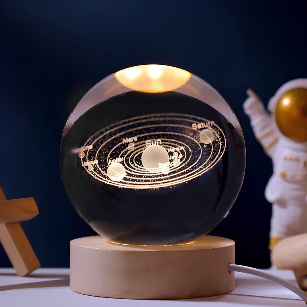 Lámpara de mesa y luz nocturna con esfera planetaria de cristal grabado