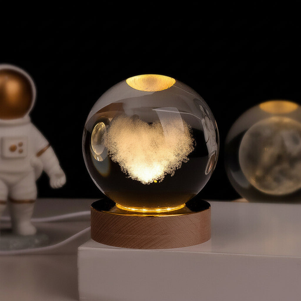 Lámpara de mesa y luz nocturna con esfera planetaria de cristal grabado