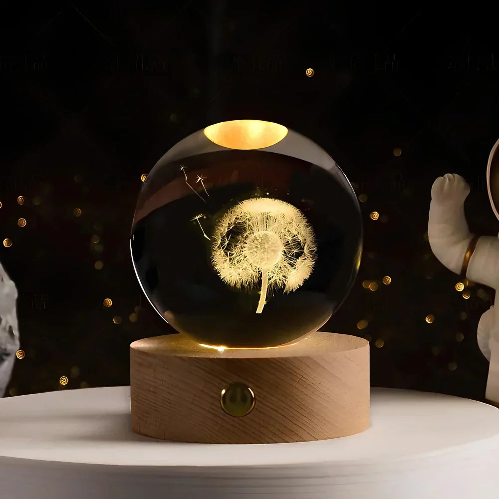 Lámpara de mesa y luz nocturna con esfera planetaria de cristal grabado