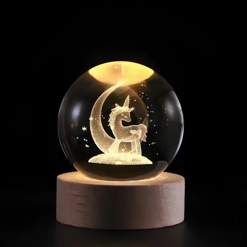 Lámpara de mesa y luz nocturna con esfera planetaria de cristal grabado