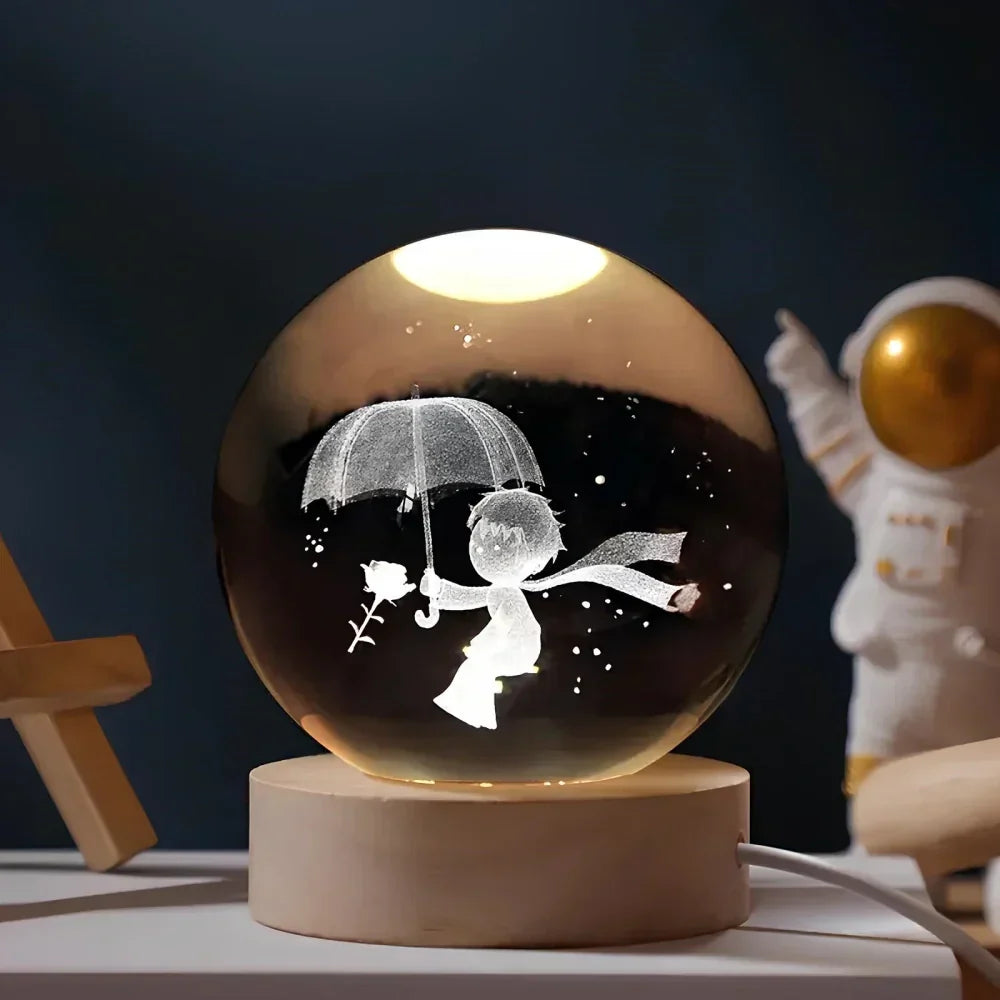 Lámpara de mesa y luz nocturna con esfera planetaria de cristal grabado