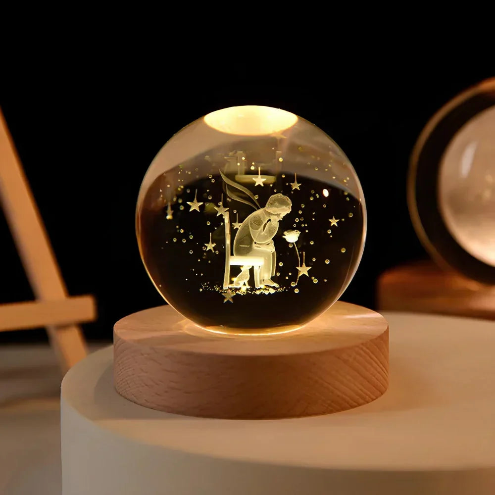 Lámpara de mesa y luz nocturna con esfera planetaria de cristal grabado