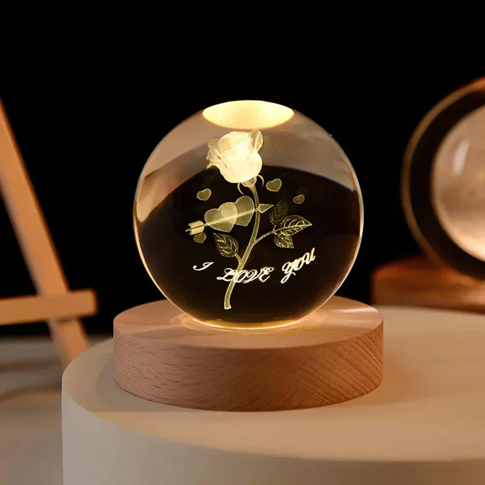 Lámpara de mesa y luz nocturna con esfera planetaria de cristal grabado