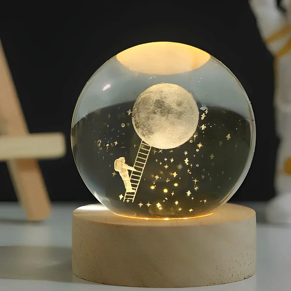 Lámpara de mesa y luz nocturna con esfera planetaria de cristal grabado