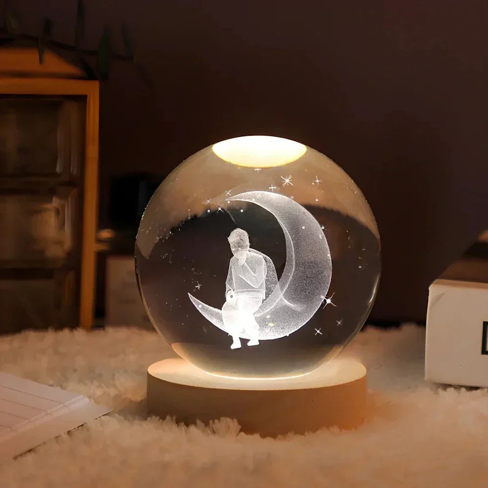 Lámpara de mesa y luz nocturna con esfera planetaria de cristal grabado
