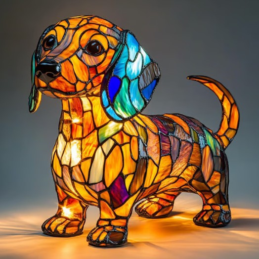 Lámpara de mesa decorativa con figura escultórica de perro de resina y vidrio emplomado