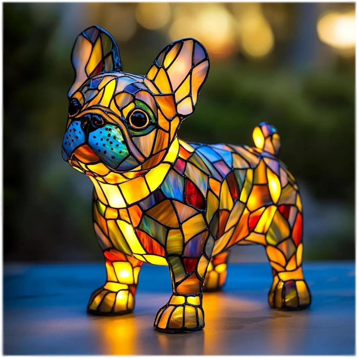 Lámpara de mesa decorativa con figura escultórica de perro de resina y vidrio emplomado