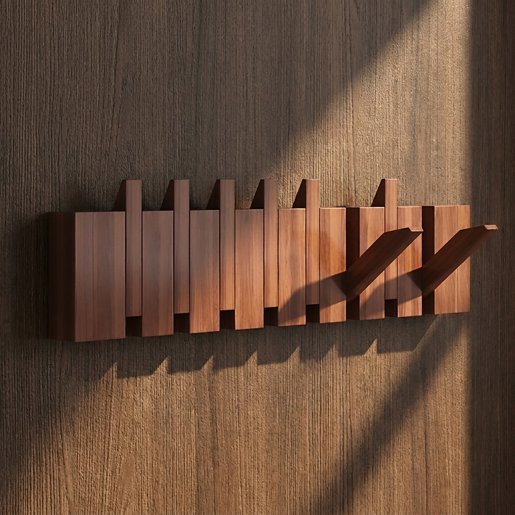Perchero de pared plegable con ganchos y veta de madera en paneles