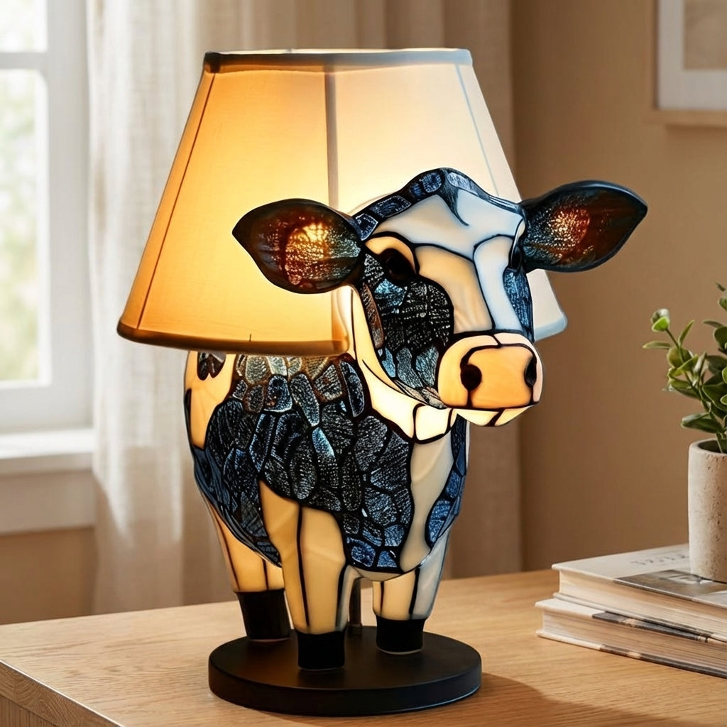 Lámpara de mesa portátil de noche de resina con silueta de vaca divertida