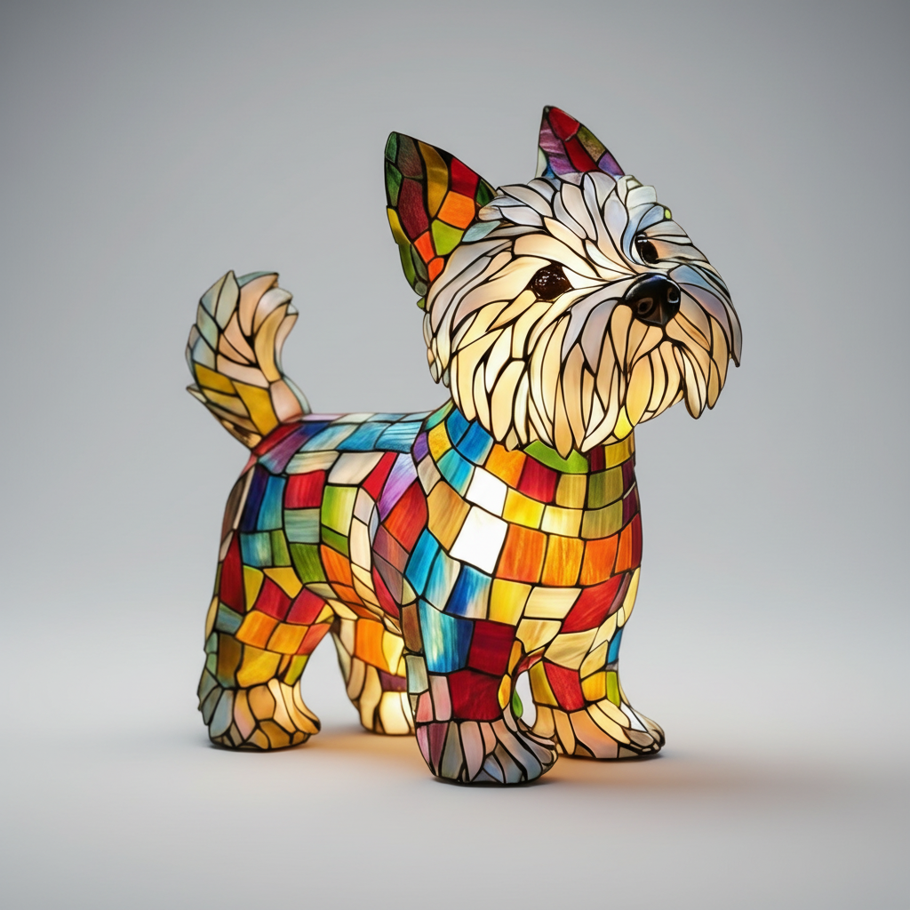 Lámpara de mesa y luz nocturna con figura de perro de resina y vidrio emplomado