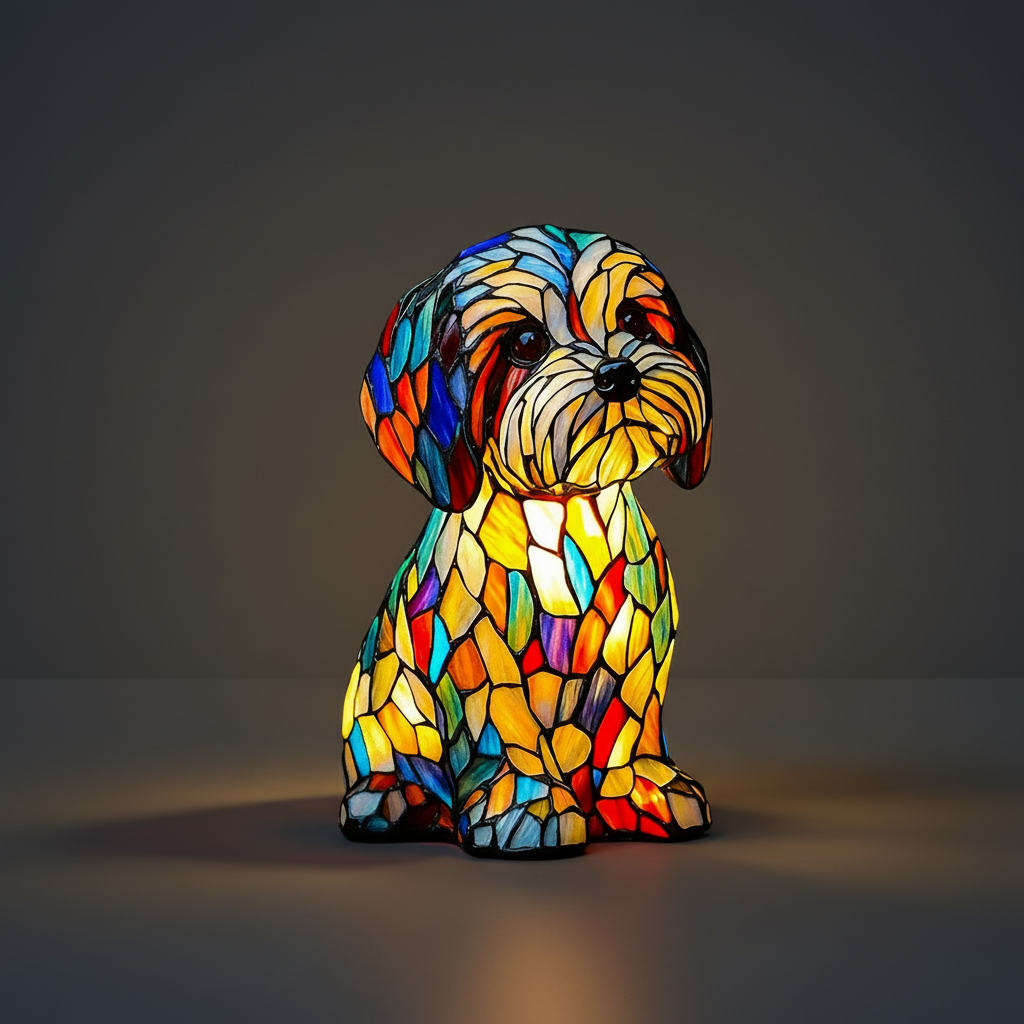Lámpara de mesa y luz nocturna con figura de perro de resina y vidrio emplomado