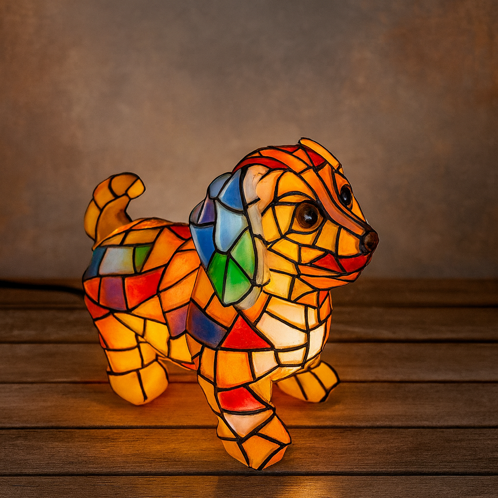 Lámpara de mesa decorativa con figura de perro de resina y vidrio emplomado