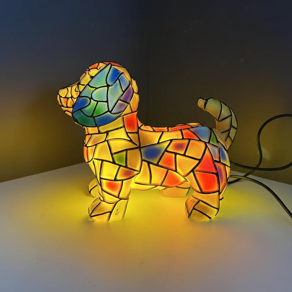 Lámpara de mesa decorativa con figura de perro de resina y vidrio emplomado