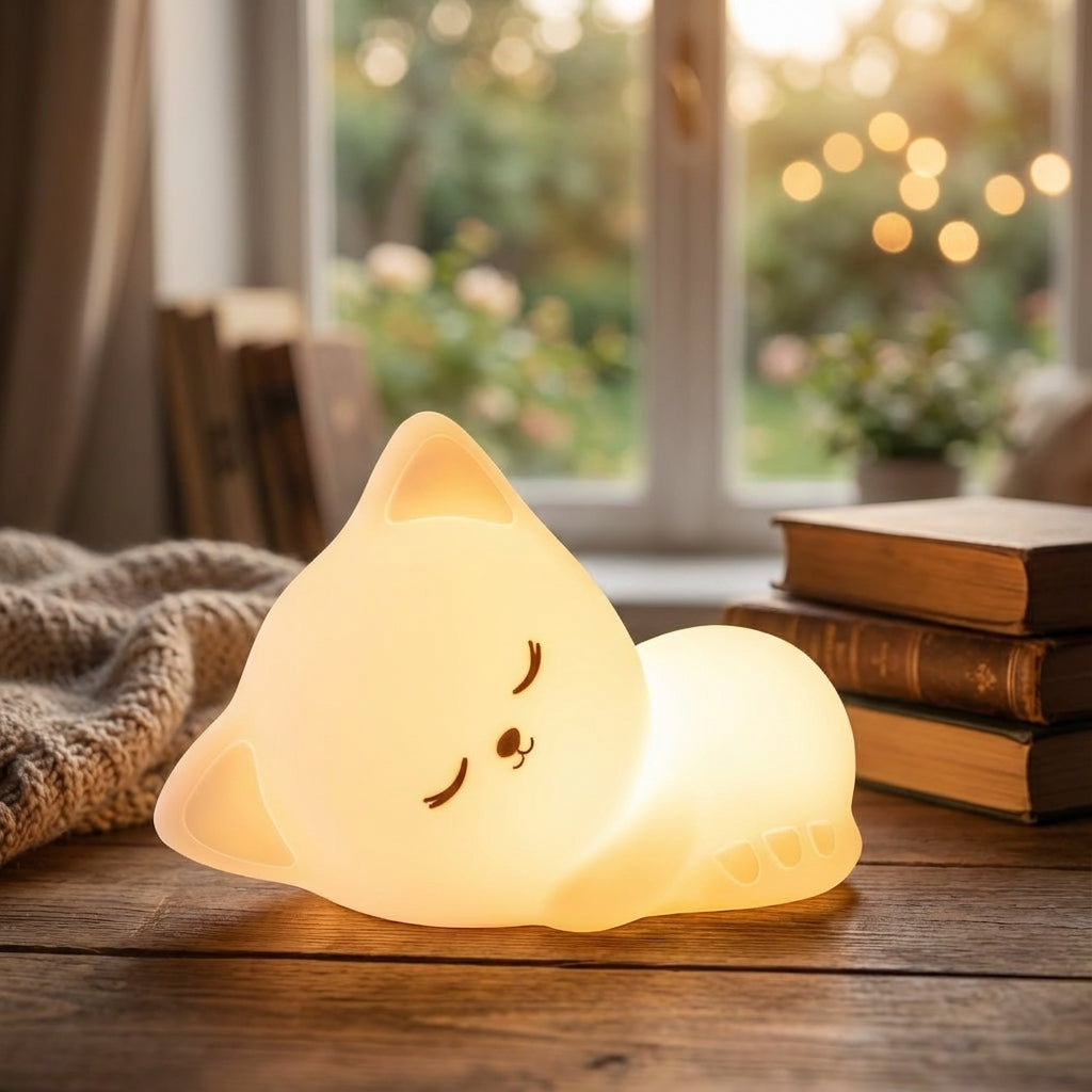 Lámpara de mesa sin cable con silueta de gato, silicona suave y batería recargable