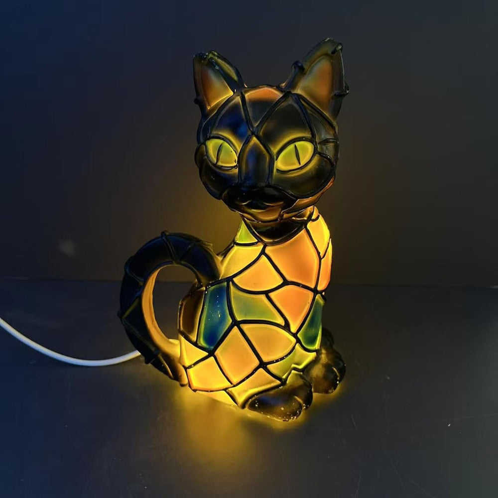 Lámpara de mesa con figura de gato en mosaico de vidrio emplomado estilo Tiffany