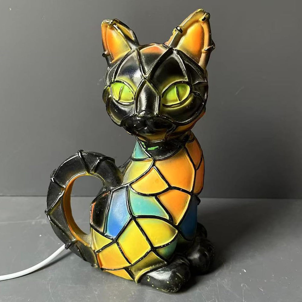 Lámpara de mesa con figura de gato en mosaico de vidrio emplomado estilo Tiffany