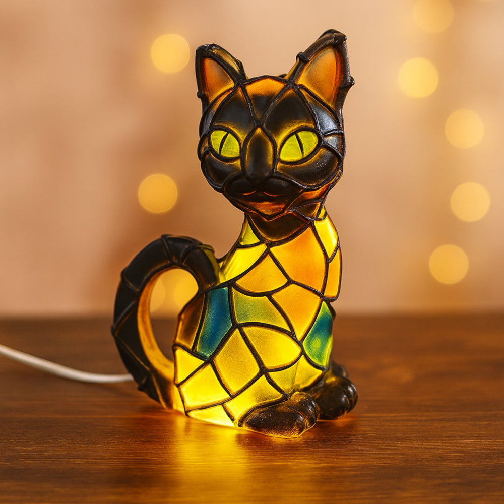Lámpara de mesa con figura de gato en mosaico de vidrio emplomado estilo Tiffany