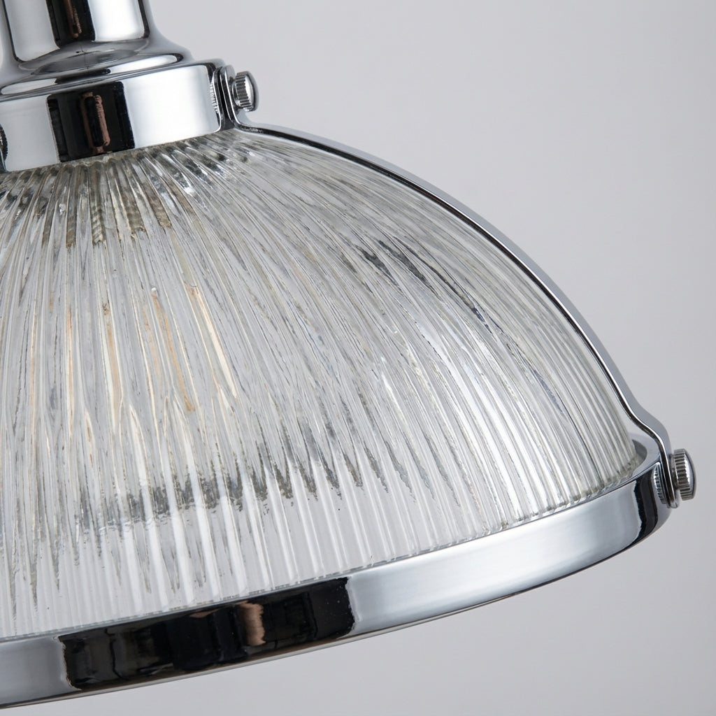 Lámpara colgante retro de una luz con vidrio acanalado y marco metálico