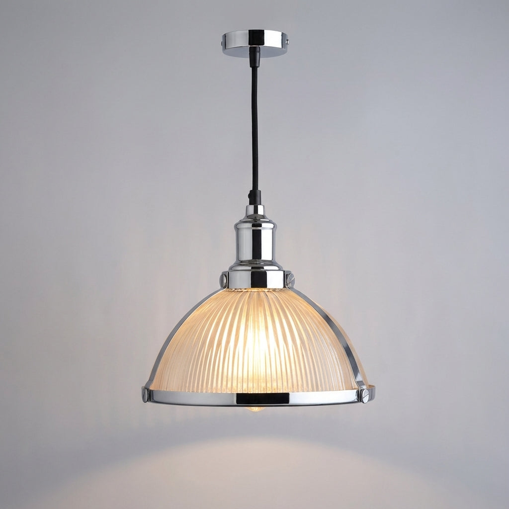 Lámpara colgante retro de una luz con vidrio acanalado y marco metálico