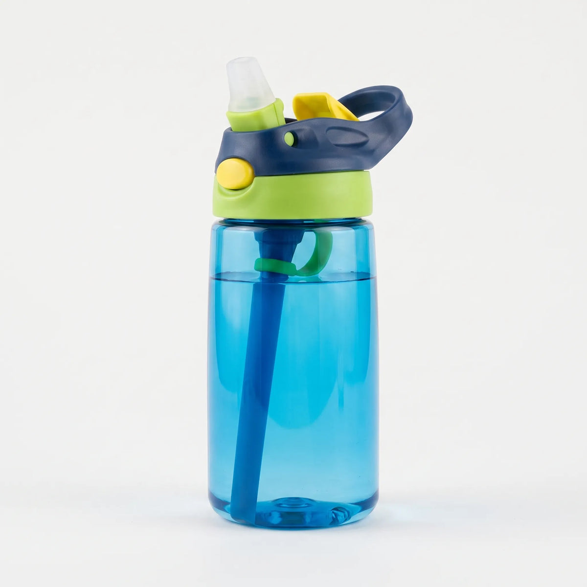 Botella de agua infantil con pajita, botón pulsador y tapa abatible