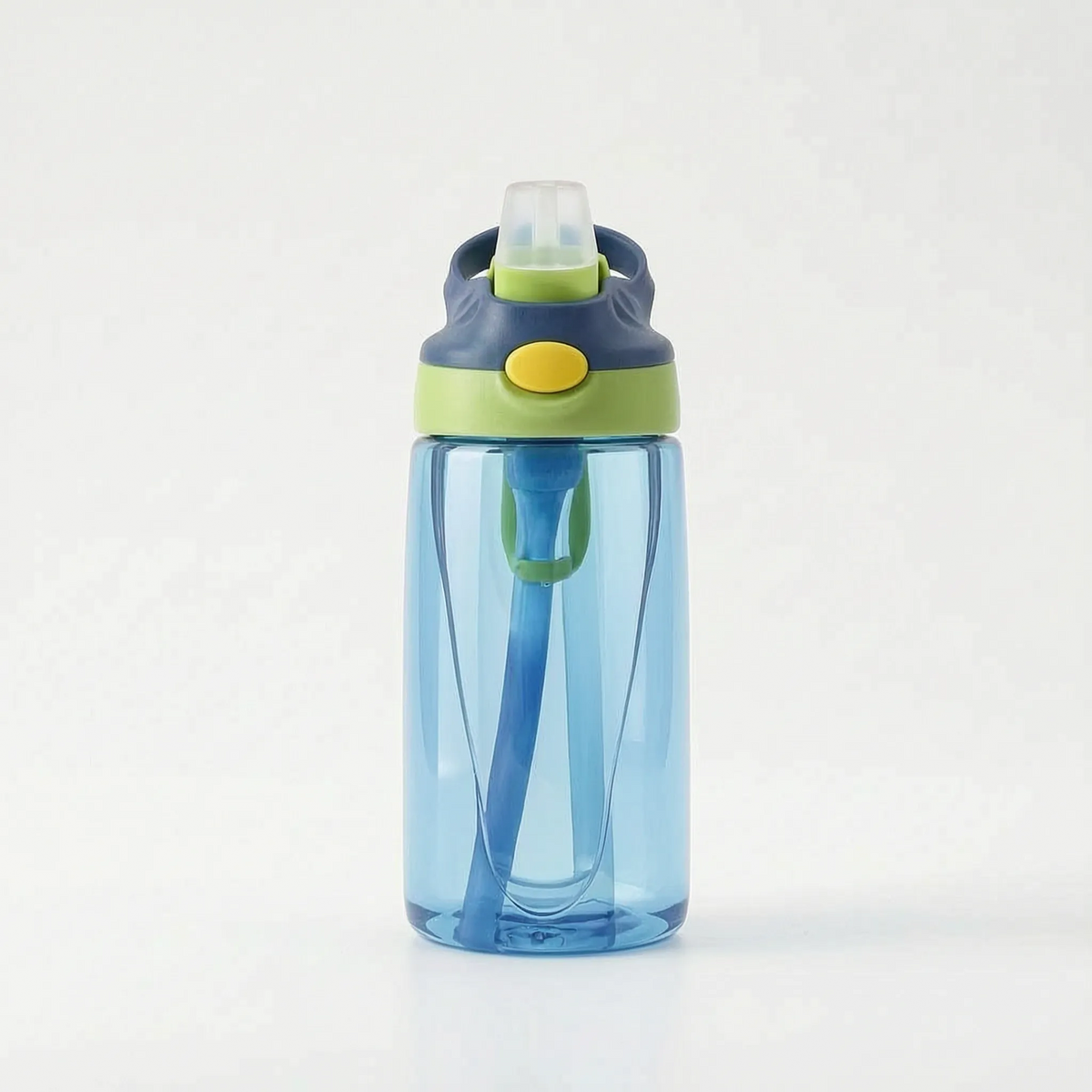 Botella de agua infantil con pajita, botón pulsador y tapa abatible