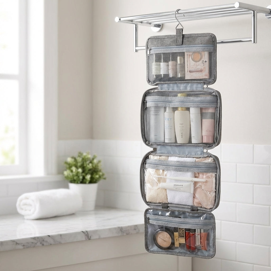 Organizador de neceser plegable, transparente, con varios compartimentos y gancho para colgar