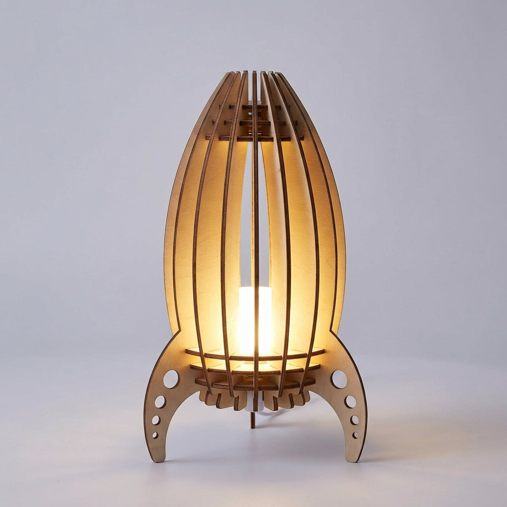 Lámpara de mesa de madera de haya con listones y silueta de cohete original