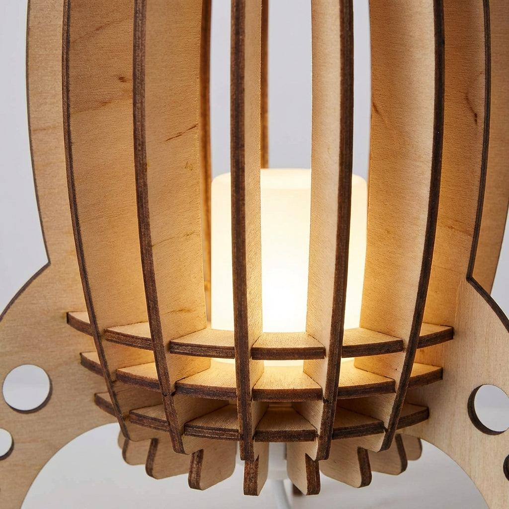 Lámpara de mesa de madera de haya con listones y silueta de cohete original