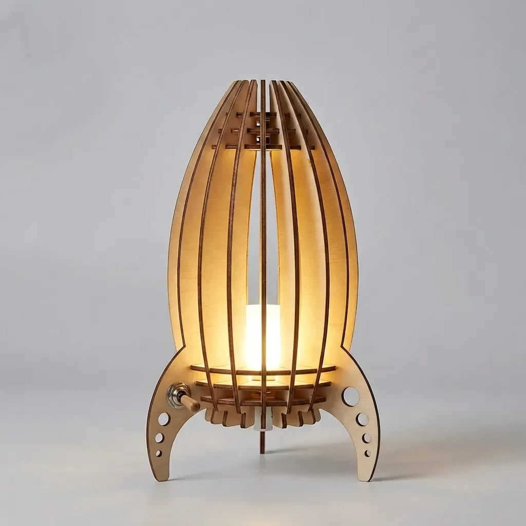 Lámpara de mesa de madera de haya con listones y silueta de cohete original