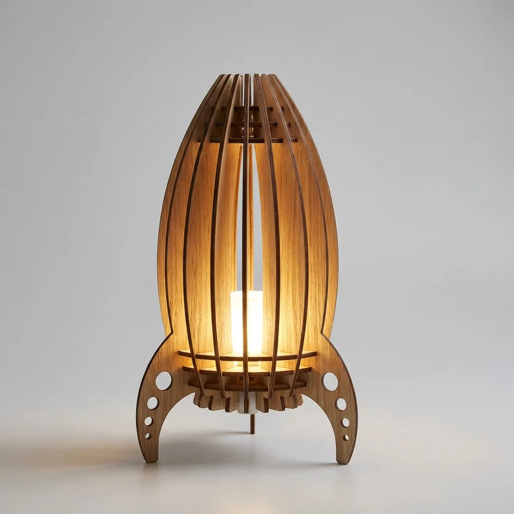 Lámpara de mesa de madera de haya con listones y silueta de cohete original