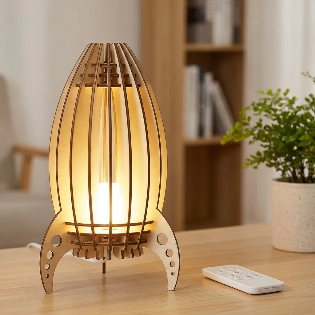 Lámpara de mesa de madera de haya con listones y silueta de cohete original