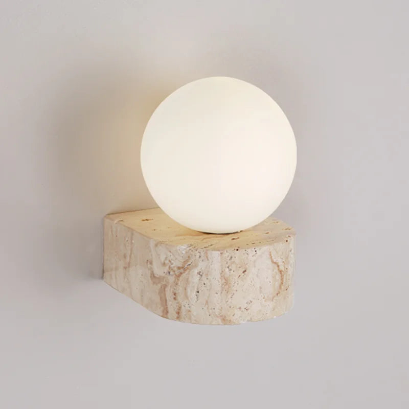 Aplique de pared japonés minimalista escultórico de piedra travertino y vidrio esmerilado