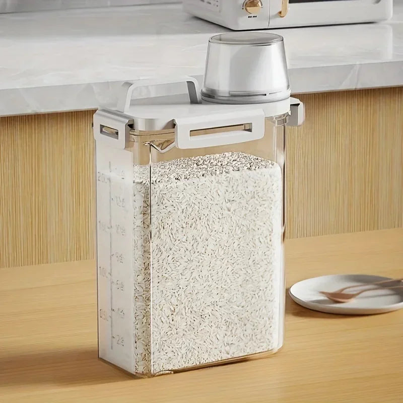 Recipiente transparente hermético y portátil para almacenar cereales en la cocina, con taza medidora