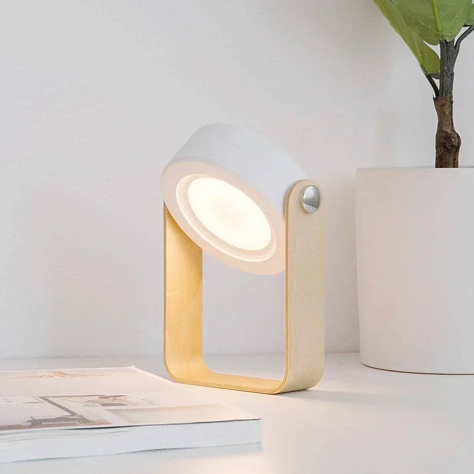 Lámpara de mesa portátil escandinava minimalista, recargable, plegable y con asa de madera