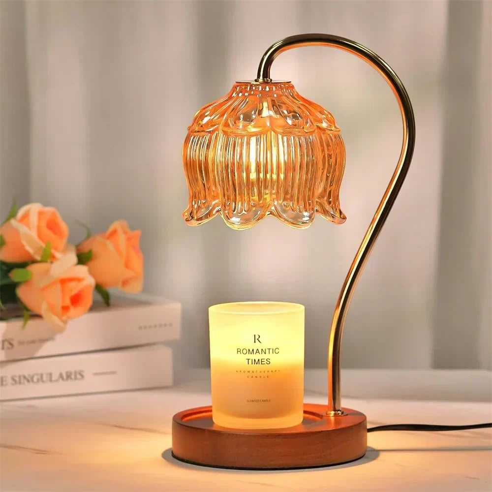 Lámpara de mesa calentadora de velas con pantalla de vidrio de pétalos retro y base de madera
