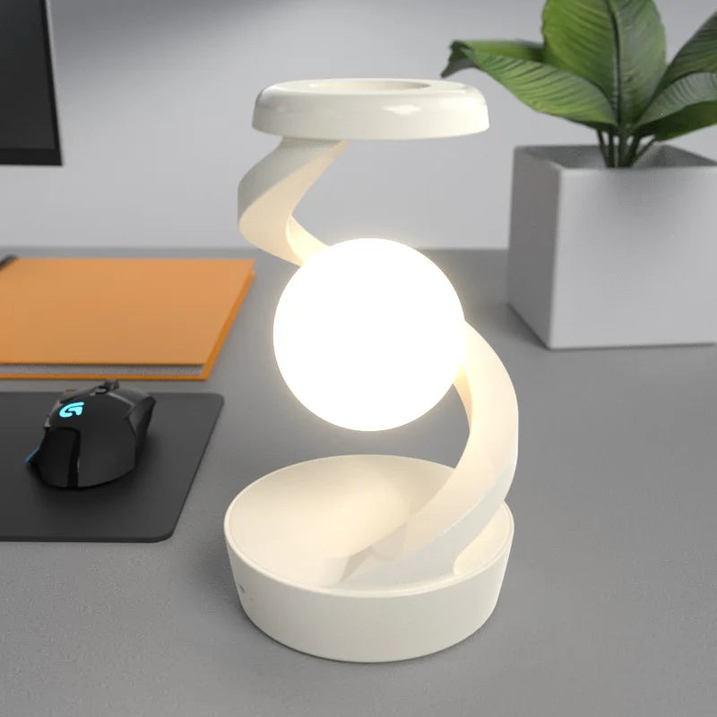 Lámpara de mesa esférica con brazo espiral, control por gestos y carga inalámbrica