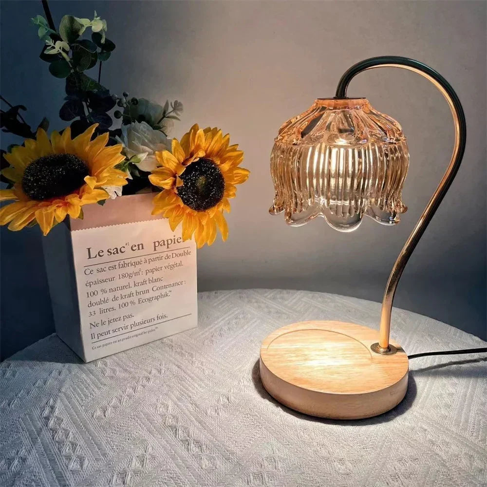 Lámpara de mesa calentadora de velas con pantalla de vidrio de pétalos retro y base de madera