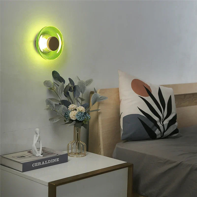 Aplique de pared escultórico de disco de vidrio texturizado y coloreado