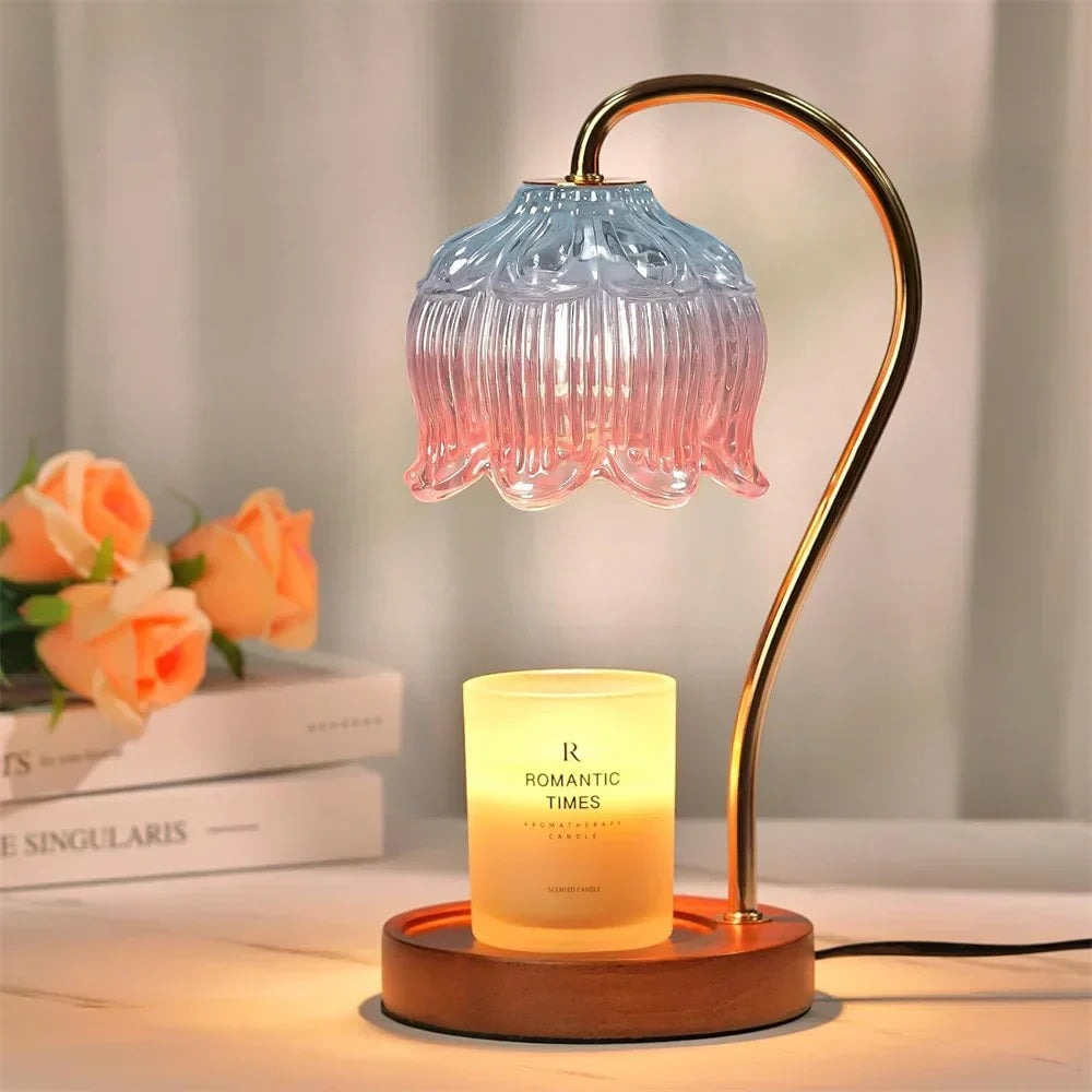 Lámpara de mesa calentadora de velas con pantalla de vidrio de pétalos retro y base de madera