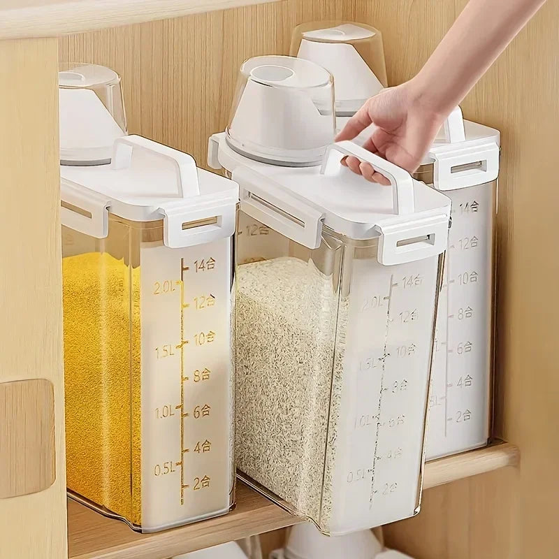 Recipiente transparente hermético y portátil para almacenar cereales en la cocina, con taza medidora