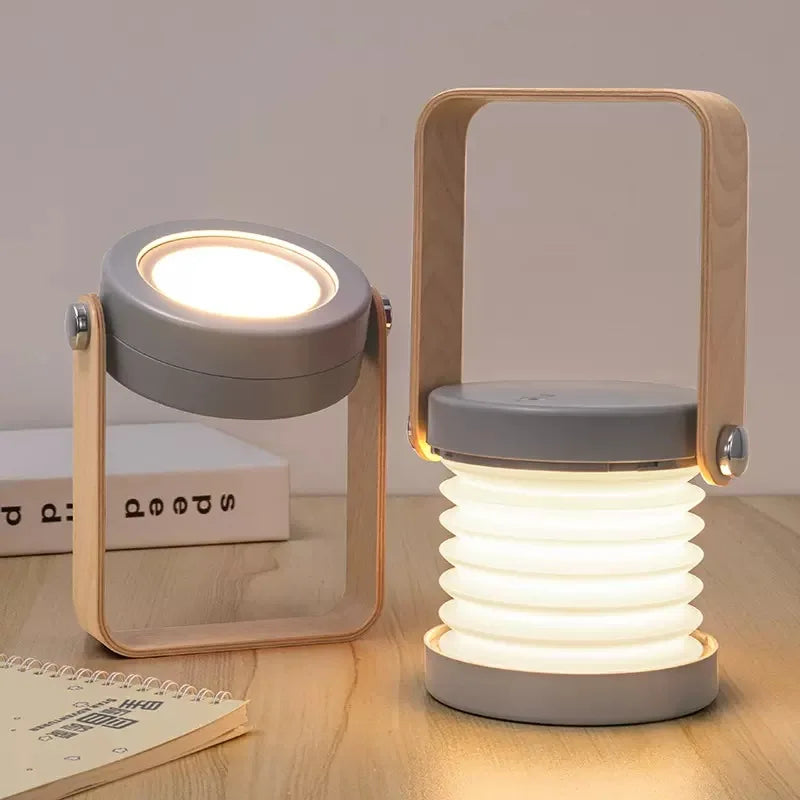 Lámpara de mesa portátil escandinava minimalista, recargable, plegable y con asa de madera
