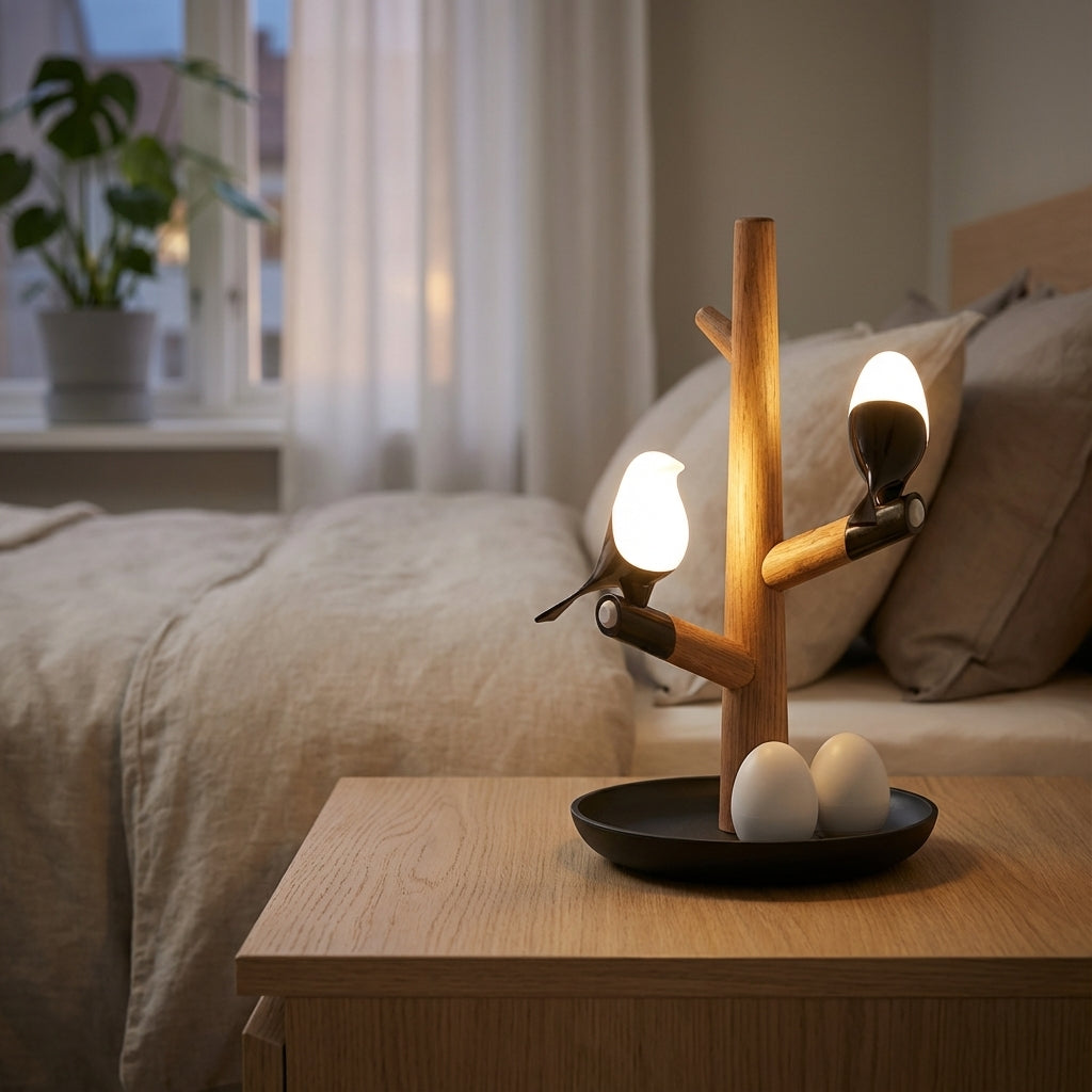 Lámpara de mesa con sensor de movimiento, silueta de pájaro en una rama y control por toque