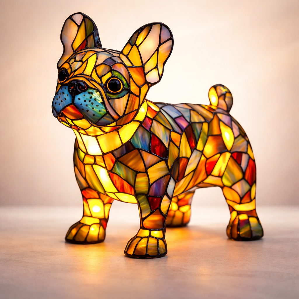 Lámpara de mesa con diseño de perro en vidrio emplomado tipo mosaico