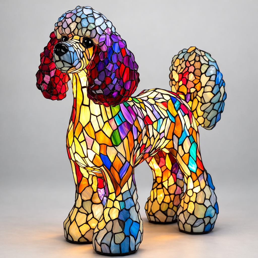 Lámpara de mesa con diseño de perro en vidrio emplomado tipo mosaico