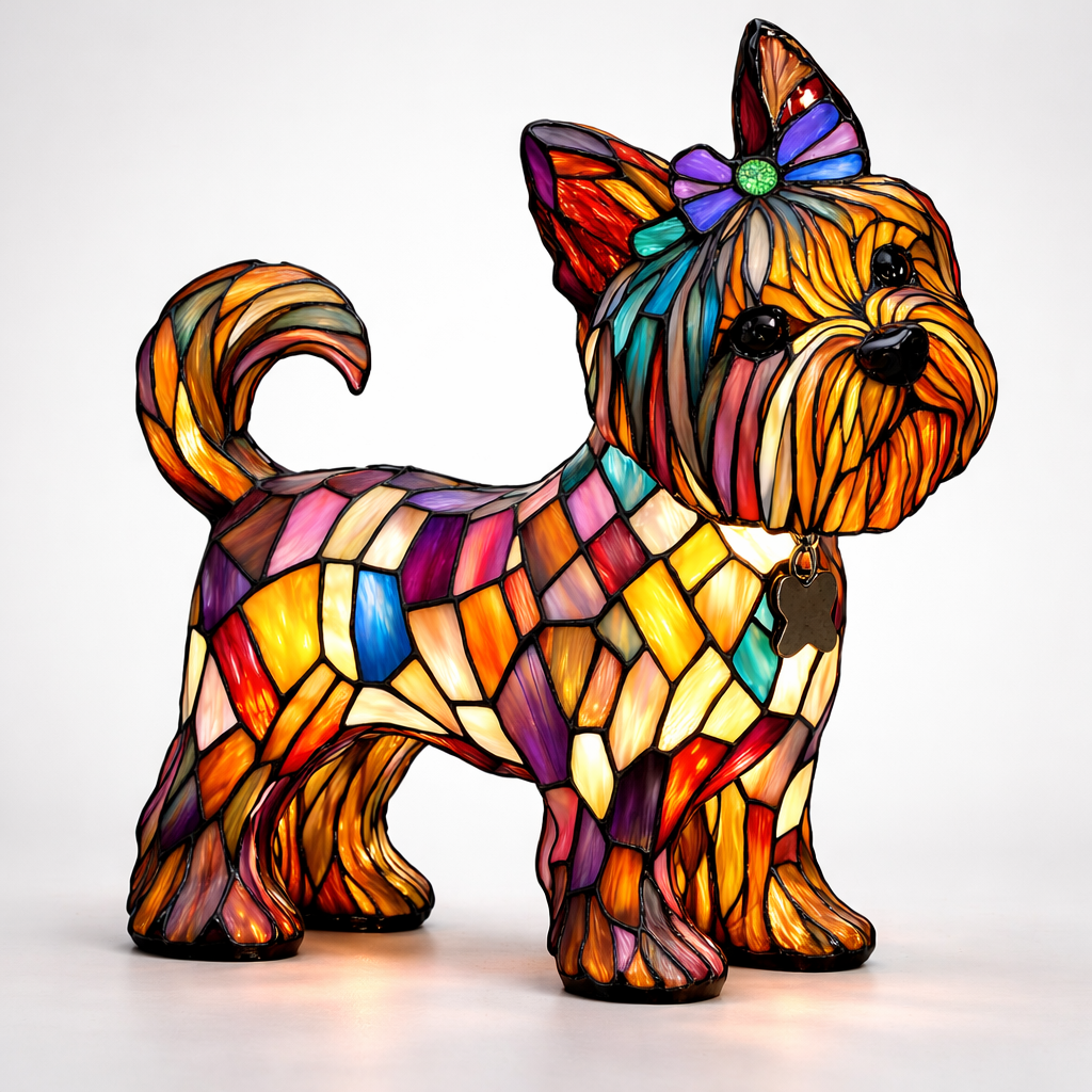 Lámpara de mesa con diseño de perro en vidrio emplomado tipo mosaico
