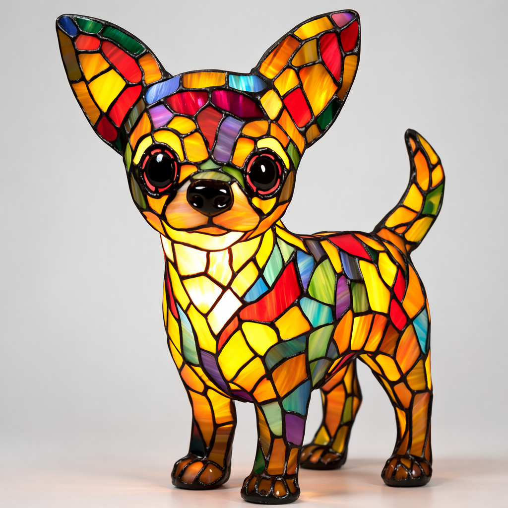 Lámpara de mesa con diseño de perro en vidrio emplomado tipo mosaico