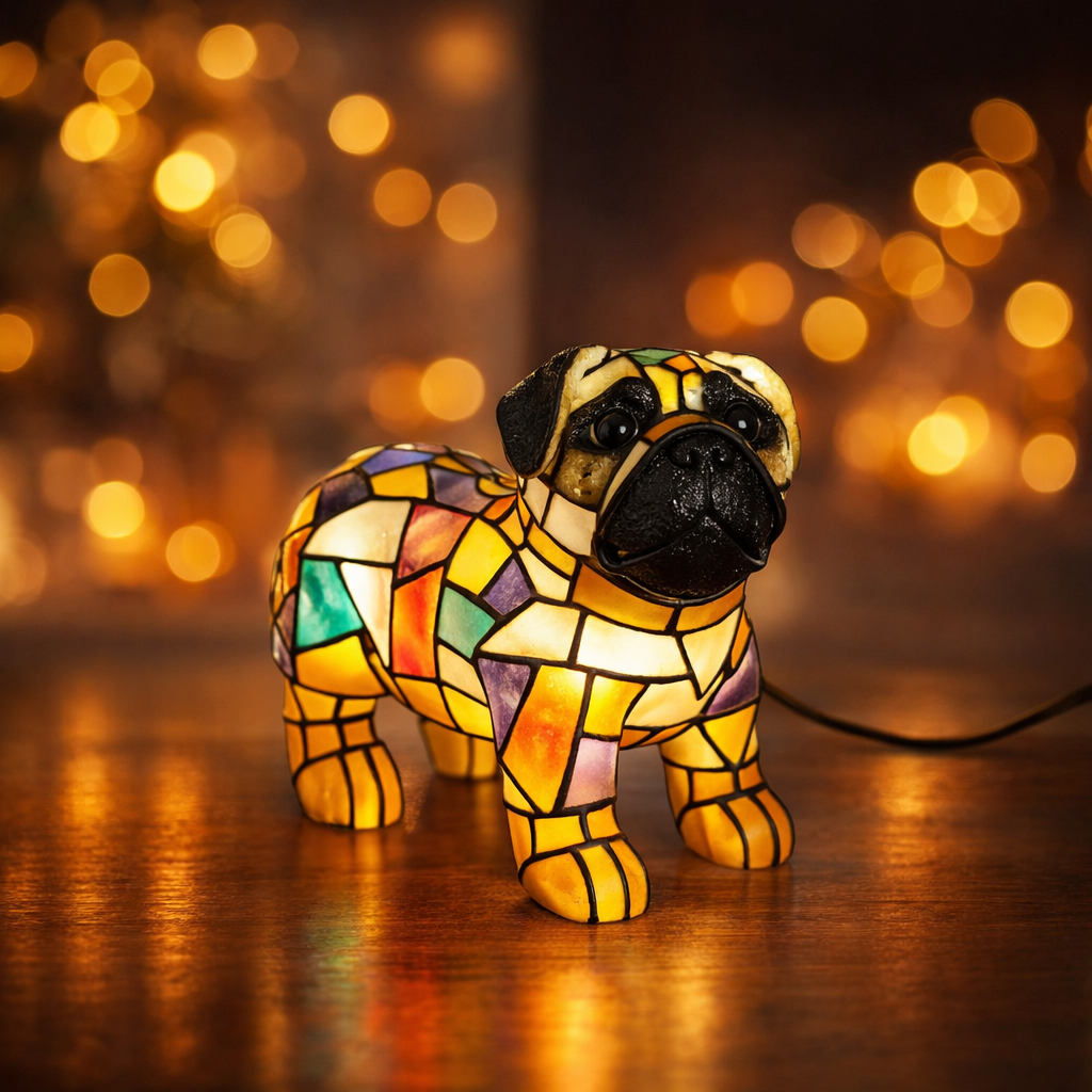 Lámpara de mesa decorativa con figura escultórica de perro de resina y vidrio emplomado